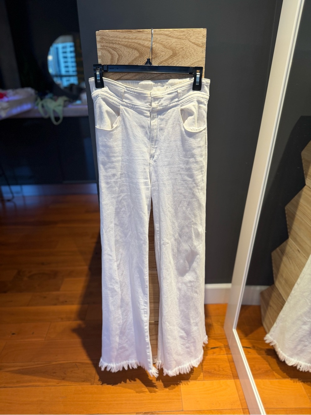 Frame Denim White Frayed-Hem Wide-Leg Pants